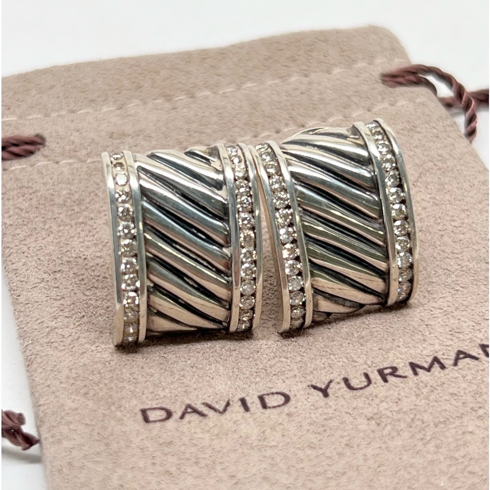 David Yurman Thoroughbred Diamond Cigar Band Earrings - Picture 2 of 10